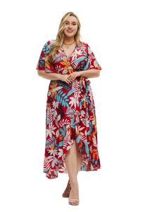 Abito a maniche corte con scollo a V di <span class=keywords><strong>moda</strong></span> di nuova stampa da donna taglie forti 2025 con vita legata e gonna irregolare abito Casual - Product Image 2