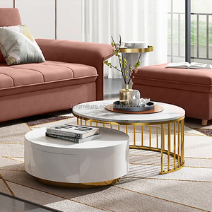 Luxury Round <b>Nesting</b> <b>Coffee</b> <b>Table</b> <b>Set</b> of 2 Sintered Stone Top Gold Stainless Steel Frame with Storage Drawer For Living Room - Product Image 4
