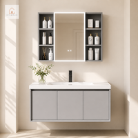 Mueble de Baño Moderno y Elegante XINGRUO, de Madera Contrachapada Gris, para Montar en la Pared, con Lavabo de Cerámica y Gabinete de Almacenamiento, Ideal para Espacios Pequeños