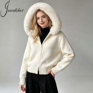 Manteau Court Hiver Tricot en <span class=keywords><strong>Laine</strong></span> Slim pour Femmes, Veste à Capuche Chaude à Manches Bouffantes, <span class=keywords><strong>Cardigan</strong></span> Doux avec Col en Fausse Fourrure - Product Image 6