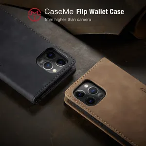 CaseMe Sarung Dompet Ponsel Mini Retro, Casing Kulit Model Retro dengan Sandaran Kartu Magnetik, Penutup Lipat untuk iPhone 6 7 8 Plus X XS XR MAX 11 12 Pro