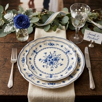 Service de vaisselle en céramique bleu et blanc à fleurs, style campagne française, avec décor vintage, assiettes en porcelaine pour mariages, banquets, hôtels et vente au détail