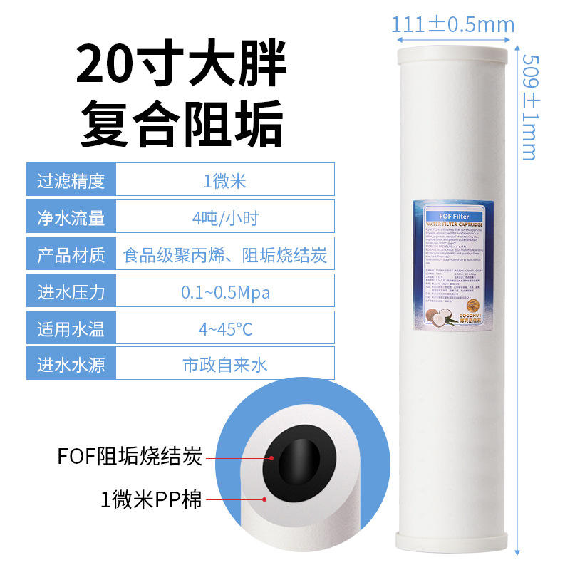 Élément filtrant inhibiteur d'incrustation composite de grande taille, 20 pouces.