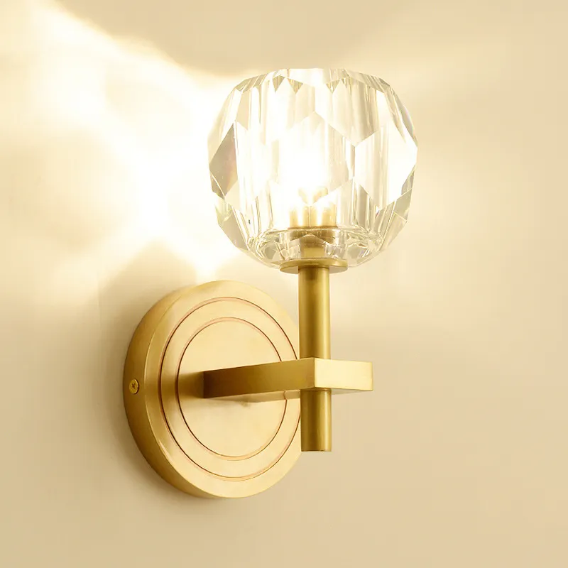 Post Modern Luxury Copper Brass Golden K9 Crystal Kristal Wall Light Sconce for Hotel Corridor