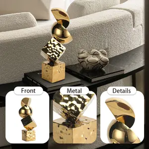 Exquite Interior Home Decoration Polished Modern Art Luxury Gold S/s Steel Semi-ball Welding Sculpture For Table Centerpieces