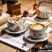 Ensemble tasse à café et soucoupe en céramique florale vintage, vaisselle rétro en grès peinte à la main, tasse à thé pour la maison, le bureau, le café, usage quotidien, cadeau