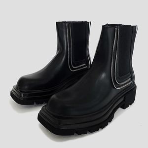 Men's Square-Toe High-End <b>Boots</b> Niche British-Style <b>Sock</b> Closure Thick-Sole for <b>Boots</b> Ankle Chunky Biker <b>Boots</b> Cow - Product Image 3