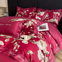Ensemble de literie ODM/OEM luxe impression numérique fleur couleur pure drap de lit king size 100% coton rouge 4 pièces
