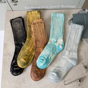 Trendy wasteland industrial style tie dye half terry thickened faded and distressed crew slouch socks