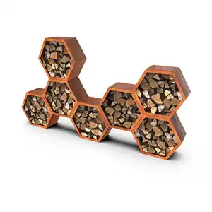 Scaffalature metalliche personalizzate per moduli di stoccaggio a nido d'ape in acciaio Corten. Scaffale quadrato in acciaio inossidabile per legna da ardere esagonale