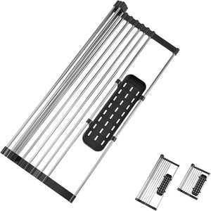 Expandable Kitchen Over The Sink Roll Up Dish Drying Rack with Storage Basket
