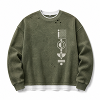 Ensemble streetwear 2 pièces pour homme, col rond en maille gaufrée épaisse, effet vintage délavé et vieilli, t-shirt vierge personnalisable