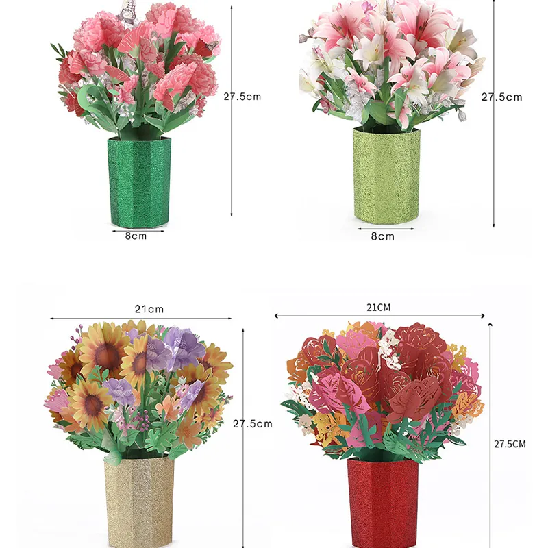 Flowers Bouquet Greeting Father Mother Birthday Card 3D Pop Up Cards Mothers Day Gifts Card