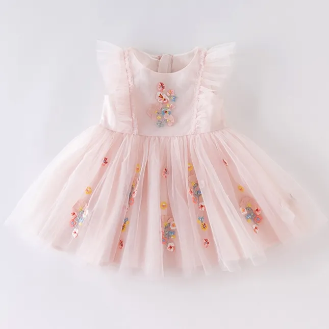 New Cute dress child girl knee length mesh flower gown for girls trailing baby girl birthday dresses for 3 years old