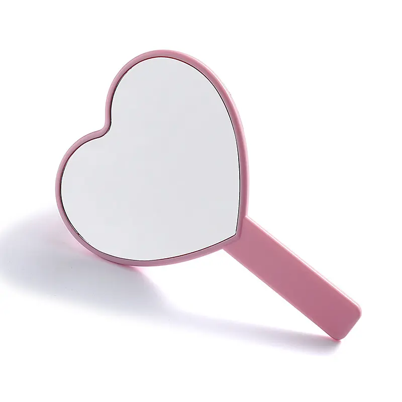 2023 novo punho portátil coração forma vidro espelho cosmético beleza hand held maquiagem espelho com alça rosa