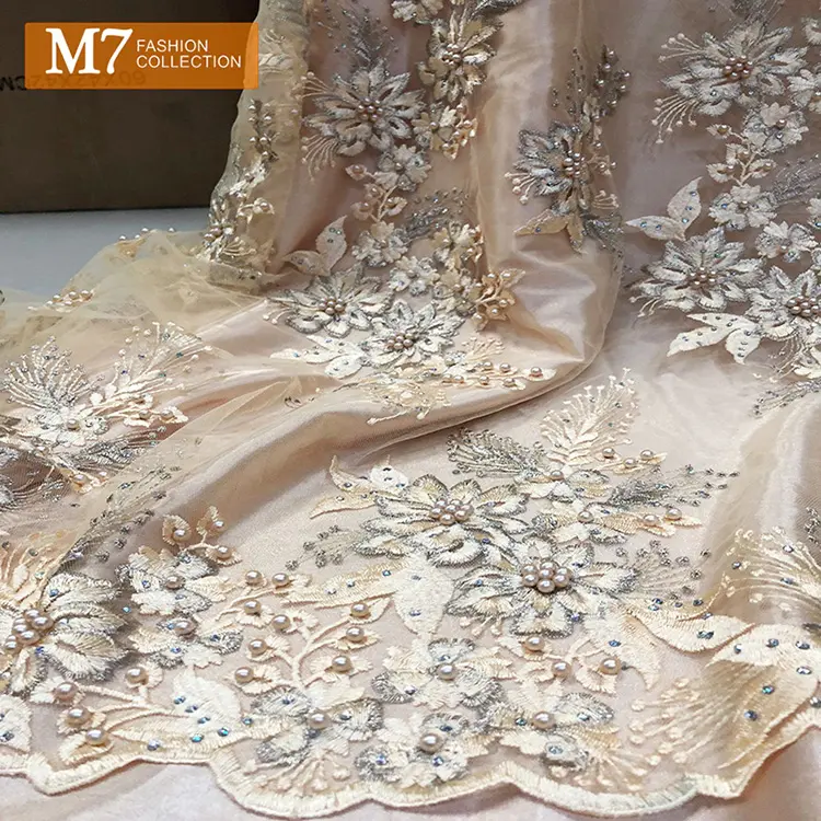 Đẹp Multicolor Pháp Beaded Thêu Vải Thiết Kế Sang Trọng 3D Phi Wed Vàng Polyester Bridal Vải Ren Cho Phụ Nữ