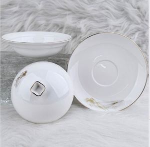 Ensemble de bols à soupe en porcelaine avec bordure dorée fine, motif montagne, avec couvercle et soucoupe assortie de 17 cm pour table de restaurant chinois haut de gamme - Product Image 2