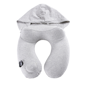Almohada de viaje inflable de poliéster portátil y compacta con logotipo personalizado de fábrica OEM, almohada para el cuello con capucha - Product Image 1