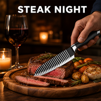 Couteau de Chef BBQ pour Steak, Lame en Acier Inoxydable Noircie, Tranchant, Antiadhésif, Poignée Ergonomique pour la Préparation de Viandes et les Barbecues Hebdomadaires