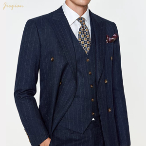 Elegante Completo da Uomo a Righe, Set 3 Pezzi in Tessuto Elasticizzato TR, Lavabile in Lavatrice, Vestibilità Slim, per Affari e Matrimoni, Personalizzabile OEM ODM, <span class=keywords><strong>Blu</strong></span> Navy - Product Image 3