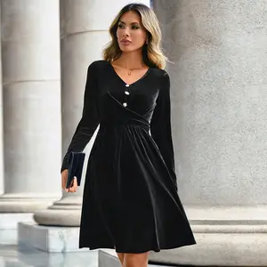 Fashion Vestido Para Mujer French Button Midi Long Sleeve Black Dresses Women Lady Elegant With Wholesale Low Price