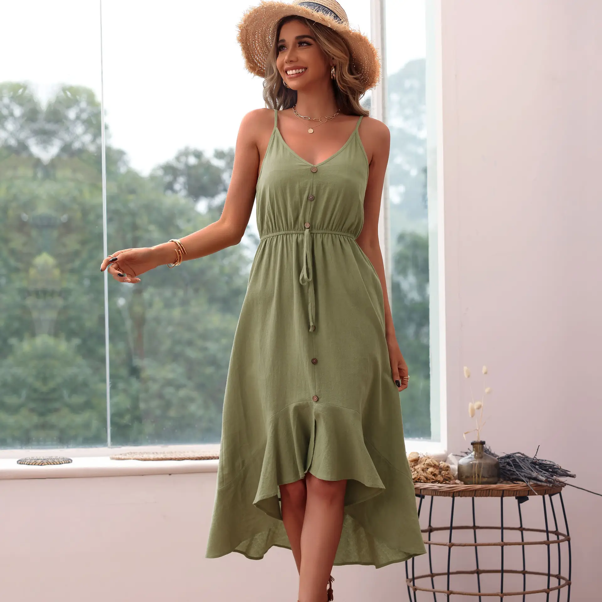 Boho Style New Design Elbise Women Flounce Girl Dress Solid Ruffle Contrast Lace Sleeveless Rayon Summer Casual Dress