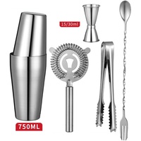 Set Shaker Boston in Acciaio Inox con Finitura a Specchio, 5 Pezzi, con Jigger, Colino, Pinze per Ghiaccio, Cucchiaio da Bar e Forchetta per Home Bar