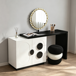Ensemble de coiffeuse moderne avec miroir rond, armoire blanche et tabouret noir, table de maquillage pour chambre à coucher - Product Image 5