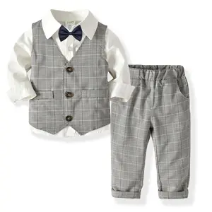 Boy's suit - Gentleman's dress Banquet dress - Long sleeve shirt + double waistcoat + trousers + Gentleman's bow tie four piece