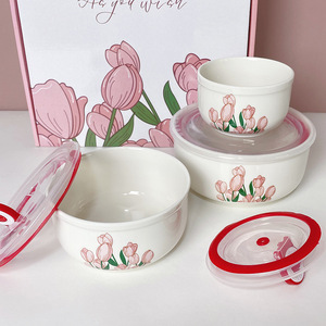 3pcs <strong>Microwave</strong> Oven Safe Ceramic Fresh <strong>Bowl</strong> <strong>with</strong> Seal <strong>Lid</strong> Ceramic <strong>Bowl</strong> Gift Box Company Fresh-keeping Food Storage Container - Product Image 4