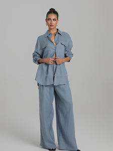 Ensemble en Lin Haut de Gamme pour <span class=keywords><strong>Femme</strong></span>, Décontracté et Polyvalent, Chemise et <span class=keywords><strong>Short</strong></span> en Laine Solide, Protection Solaire, Idéal Printemps/Été - Product Image 5
