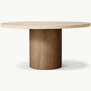 Table à manger ronde en <span class=keywords><strong>bois</strong></span> massif de style américain personnalisée Rhoohill, table à manger moderne de luxe avec plateau en travertin - Product Image 5