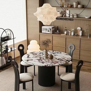 French marble stone tabletop cream-style full-bottom dining <b>table</b> elegant retro round design ideal for <b>small</b> homes - Product Image 3