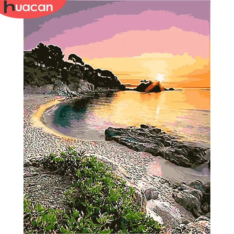HUACAN Painting By Numbers Sunset Landscape DIY Hand Painted Wall Art Picture By Numbers Seaside On Canvas For Living Room