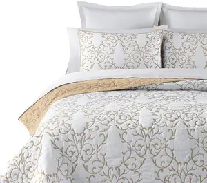 Jogo de cama reversível, padrão bege, 100% algodão, 3 peças, bordado, elegante, conjunto com colcha bordado, decorativo, shams, macio