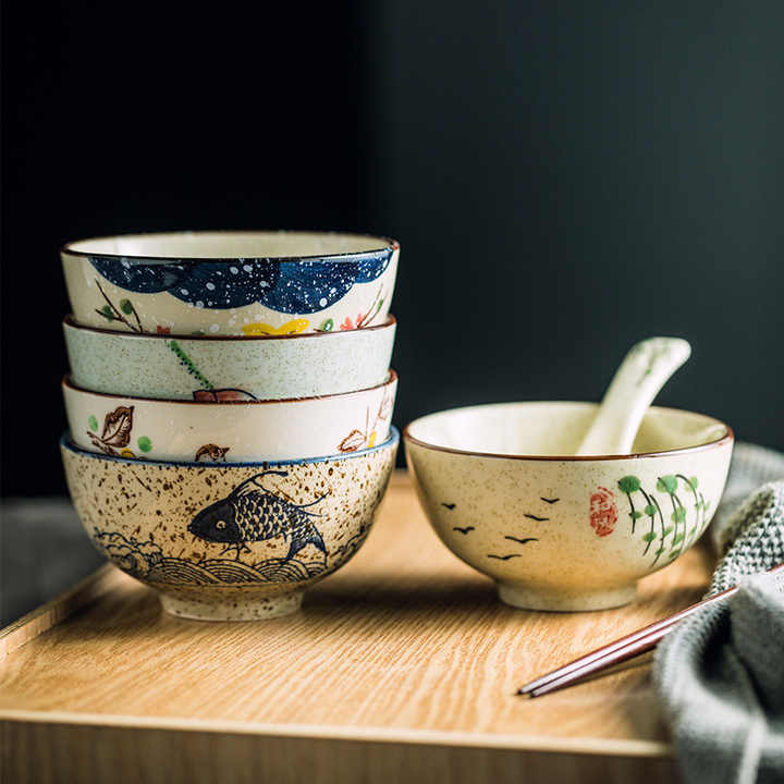 4.5 Inch Ceramic Household Rice Bowl Japanese Retro Restaurant Home Tableware Eating Soup Bowl Matcha Dessert Bowls