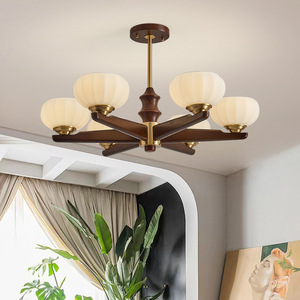 Retro All Copper Living Room Chandelier Solid Wood Multi Head LED <b>Light</b> Round Design Home Decor - Product Image 1