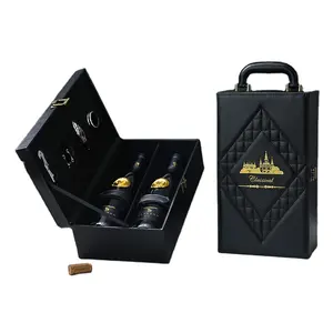 Luxury Red Lacquer Leather Double bottles Gift Box two bottles Wine Box With Custom Logo