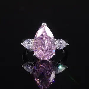 AR269 Abiding Trendy Big Size Pear Shaped 11x17MM Crushed Iced Pink Zirconia Cz 925 Silver Women Ring
