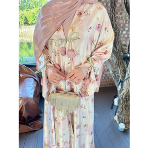 LEDUO Modest Open Front <b>Cardigan</b> ramadan Spring 3D bloom embellishment luxury Satin Abaya Kimono - Product Image 1
