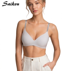 Soutien-gorge push-up sans coutures avec bretelles imprimées lettres, soutien doux, bralette froncée pour petite poitrine, lissage des poitrines latérales - Product Image 1