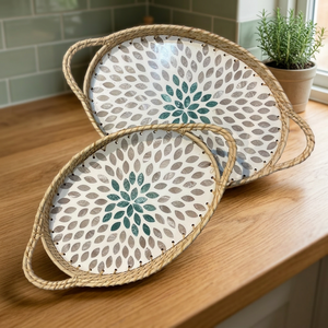 Plateau de service ovale en bambou LORD avec motif de feuilles et poignées à fleurs turquoise pour la décoration de table, modèle LV61617 - Product Image 5