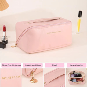 Borsa per il Trucco in Pelle PU di Grande Capacità, Impermeabile, per Articoli da Toeletta, con Cerniera, Logo Personalizzato, Motivo Floreale, Portatile, per Viaggi - Product Image 2