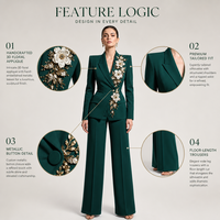 Trajes de Negocios para Mujer 2026, Elegantes, Verde Esmeralda, Apliques Florales 3D, Blazer Bordado, Conjuntos de Pantalón, Pierna Ancha, Lujosos, Personalizados OEM/ODM