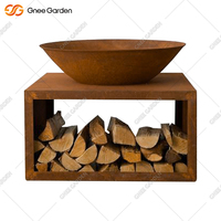 Brasero en acier Corten fait main avec rangement pour bûches, design rustique rouge, pour extérieur, foyer à bois, bois de chauffage, cuisson extérieure, certifié CE