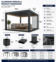 Pergola de jardin moderne en alliage d'aluminium avec éclairage LED, revêtement en poudre gris, imperméable, écologique, auvent électrique