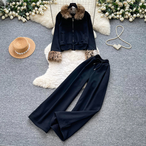 Conjunto <span class=keywords><strong>de</strong></span> chándal informal <span class=keywords><strong>de</strong></span> 2 piezas para mujer: Chaqueta corta con cremallera y ribete <span class=keywords><strong>de</strong></span> piel sintética para <span class=keywords><strong>invierno</strong></span> y pantalones anchos con cordón y forro polar - Product Image 2