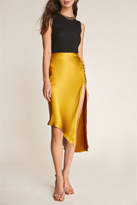 2023 printemps gros femmes doré haute fendue boutons asymétriques côté Satin jupes mi-longues - Product Image 4