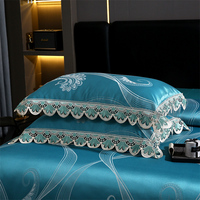 Nouvel ensemble de literie de luxe en coton jacquard bleu, style européen et américain, avec housse de couette et draps à franges, 4 pièces, taille King, pour la maison et l'hôtel