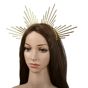 Women Halo Crown Sun Goddess Tiara Headband Spiked Metal Festival Mary Costume Headwear Headpiece